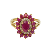 9ct Yellow Gold, Ruby & Diamond Floral Cluster Ring Vintage c1990s