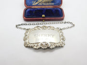 Sterling Silver Ornate Edged Sherry Decanter Label Vintage 1968 London