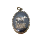Siam Sterling Silver Niello Enamel Cow Pattern Drop Pendant Antique c1930