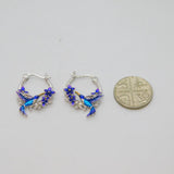 Pair of Sterling Silver Colourful Enamel Hummingbird Hoop Earrings Modern c1990