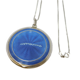 20th Century .935 Silver Blue Guilloche Enamel Compact Pendant Necklace Antique