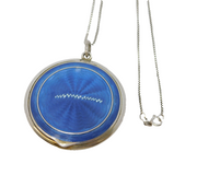 20th Century .935 Silver Blue Guilloche Enamel Compact Pendant Necklace Antique