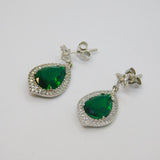 Pair of Sterling Silver Green & White Paste Peardrop Stud Earrings Vintage c1990