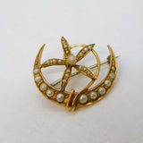 Victorian 9ct Gold & Seed Pearl Crescent Moon & Flower Brooch Antique c1890