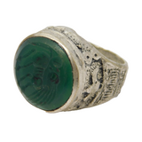 20th Century White Metal Green Agate Horse Signet Ring Antique c1920