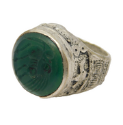 20th Century White Metal Green Agate Horse Signet Ring Antique c1920