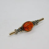 Sterling Silver Oval Baltic Amber Floral Pattern Brooch Pin Vintage c1970