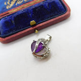 Sterling Silver Heart and Amethyst Gem Charm Pendant Vintage c1970