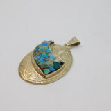 Sterling Silver Mosaic Style Opal Set Oval Patterned Charm Pendant Vintage c1970