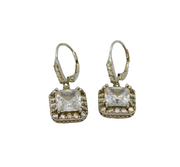 Pair of Sterling Silver CZ Cushion Style Leverback Drop Earrings Modern c1990