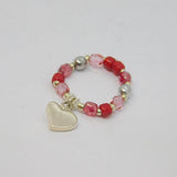 Sterling Silver Pink Beaded Stretch Heart Charm Ring Contemporary c2010 Size M-O