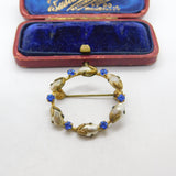 Art Deco Gilt Metal, Pearl & Sapphire Paste Circular Brooch Antique c1930