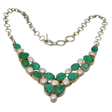 Sterling Silver 14 Faceted Raw Emerald & Pearl Collar Necklace Modern c1990s