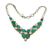 Sterling Silver 14 Faceted Raw Emerald & Pearl Collar Necklace Modern c1990s