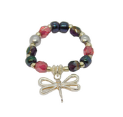 Sterling Silver Beaded Stretch Dragonfly Charm Ring Contemporary c2010 Size M-O