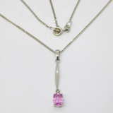 9ct White Gold & Oval Cut Pink Sapphire Drop Pendant Necklace Vintage