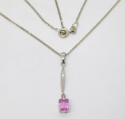 9ct White Gold & Oval Cut Pink Sapphire Drop Pendant Necklace Vintage