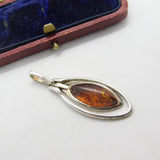 Sterling Silver Cabochon Baltic Amber Charm Pendant Vintage c1970