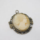 Sterling Silver Filigree Form Shell Cameo Drop Pendant Antique c1940 Deco
