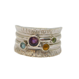 Sterling Silver Multi-Colour Gemstone Wide Band Ring Vintage c1990 Size Q 1/2