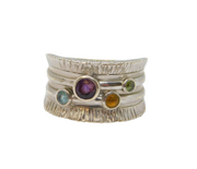 Sterling Silver Multi-Colour Gemstone Wide Band Ring Vintage c1990 Size Q 1/2
