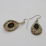 Sterling Silver Floral Pattern Green Amber Set Drop Earrings Vintage c1990s