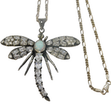 Sterling Silver, Opal & White Topaz Large Dragonfly Necklace Vintage c1990s