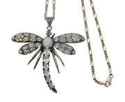 Sterling Silver, Opal & White Topaz Large Dragonfly Necklace Vintage c1990s