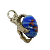 Sterling Silver Claw  & Blue Patterned Glass Bead Charm Pendant Vintage c1970