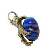 Sterling Silver Claw  & Blue Patterned Glass Bead Charm Pendant Vintage c1970