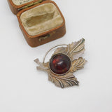 Russian Sterling Silver Cabochon Baltic Amber Leaf Brooch Antique c1930 Deco