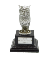 Cast Sterling Silver Owl on Plinth Base 'Owl Award, 1985' Vintage London 1981
