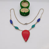 Sterling Silver, Red & Blue Hardstone Drop Necklace Vintagec 1970
