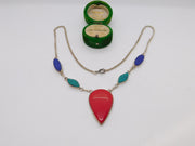 Sterling Silver, Red & Blue Hardstone Drop Necklace Vintagec 1970