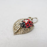 Sterling Silver Enamel Ladybird on the Leaf Charm Pendant Vintage c1970s