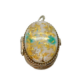 Sterling Silver White & Aqua Glass & Gold Foil Pill Box Pendant Vintage c1970