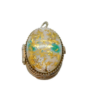 Sterling Silver White & Aqua Glass & Gold Foil Pill Box Pendant Vintage c1970