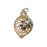 Sterling Silver Lucky Ladybird On Cutwork Leaf Charm Pendant Vintage c1970s