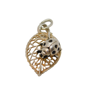 Sterling Silver Lucky Ladybird On Cutwork Leaf Charm Pendant Vintage c1970s