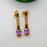 9ct yellow Gold, Amethyst & Spinel Set Drop Stud Earrings Vintage c1980
