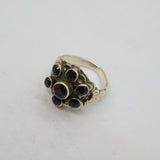 Sterling Silver 7 Faceted Garnet Patterned Studio Ring Vintage c1970 Size L 1/2