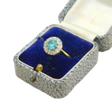 Continental 18ct Gold, Blue Zircon & Diamond Floral Cluster Ring Antique c1920s