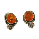 Pair of Sterling Silver Oval Baltic Amber Clip-On Earrings Vintage c1970
