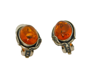 Pair of Sterling Silver Oval Baltic Amber Clip-On Earrings Vintage c1970
