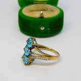Sterling Silver Gilt  3 Blue Topaz & Spinel Set Dress Ring Vintage c1970 Size Q
