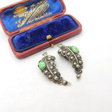 Sterling Silver Leaf Drop Cabochon Turquoise Set Clip-On Earrings Antique c1930