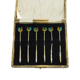 Boxed Art Deco Set of Sterling Silver Gilt Enamel Chicken Cocktail Sticks