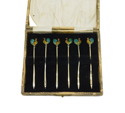 Boxed Art Deco Set of Sterling Silver Gilt Enamel Chicken Cocktail Sticks