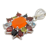 Sterling Silver, Garnet, Topaz, Peridot, Agate Floral Pendant Vintage c1990s