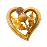 Edwardian 9ct Gold & Amethyst Scottish Thistle Heart Brooch Antique c1910